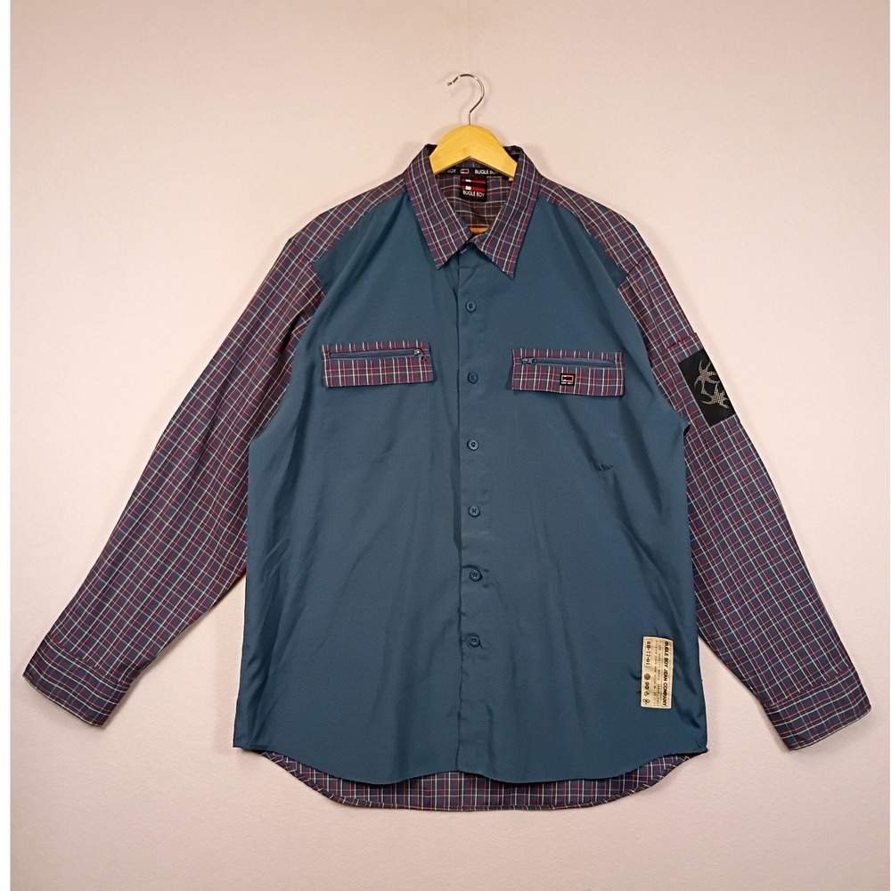 Y2K Gorpcore Bugle Boy Mens Large Teal Plaid Mixed Media Tech Button Down Shirt